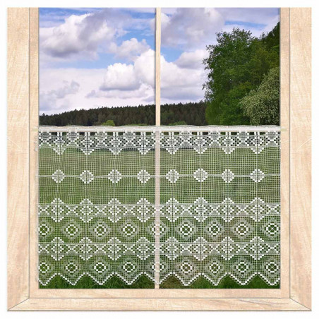 Plauener Spitze Scheibengardine im Fenster mit Blick ins Grüne für gemütlichen Landhaus-Stil.