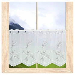 Moderne Bistrogardine Fantasie rot-weiß Plauener Spitze