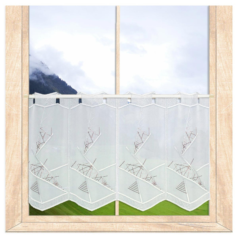 Moderne Bistrogardine Fantasie rot-weiß Plauener Spitze