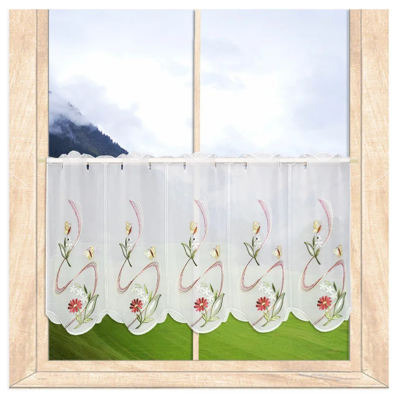 Edle Stickerei-Scheibengardine Blumengirlande