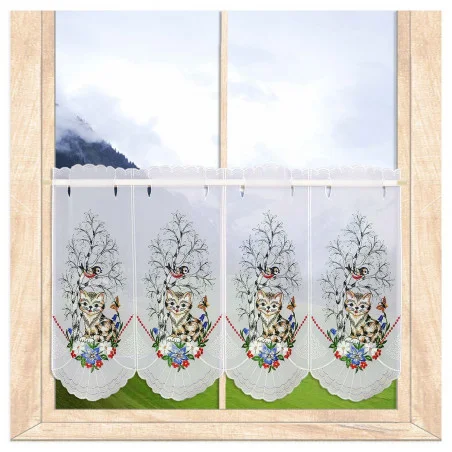 Klassische Stickereigardine Katze an der Birke