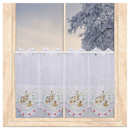 Weisse Stickerei-Scheibengardine mit Winteridylle-Stickerei am verschneiten Fenster. 35 cm hoch