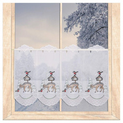 Halbtransparenter weisser Heimtextilien-Vorhang mit detailreicher Winterstickerei, Rehen und Vögeln. 35 cm hoch
