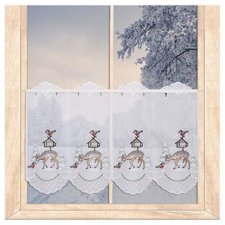 Halbtransparenter weisser Heimtextilien-Vorhang mit detailreicher Winterstickerei, Rehen und Vögeln. 35 cm hoch