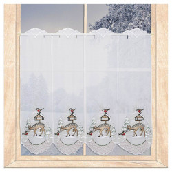 Halbtransparenter weisser Heimtextilien-Vorhang mit detailreicher Winterstickerei, Rehen und Vögeln. 55 cm hoch