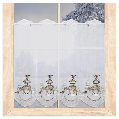 Stickerei-Kurzgardine Reh am Vogelhaus gold Plauener Spitze 55 cm hoch