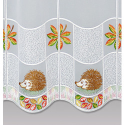 Halbtransparente Heimtextilien-Vitrage mit Igel- und Herbstlaub-Stickerei in bunten Farben auf weißem Voile-Stoff. 35 cm hoch