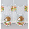 Halbtransparente Heimtextilien-Vitrage mit Igel- und Herbstlaub-Stickerei in bunten Farben auf weißem Voile-Stoff. 35 cm hoch