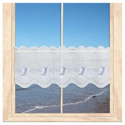 Maritime Stickerei-Scheibengardine Am Meer in blau-weiß 30 cm hoch