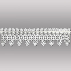 Freigestellte Scheibengardine aus weißer Plauener Spitze mit geometrischem Spitzenmuster als Heimtextil. 15 cm hoch