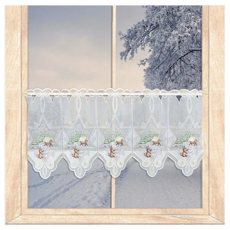 Bestickte Wintergardine Futterkrippe mit Hase 35 cm hoch