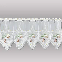 Bestickte Wintergardine Futterkrippe mit Hase 35 cm hoch