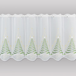 Halnbransparenter weißer Bistrovorhang mit weihnachtlichen Tannenbäumen und Stangendurchzug.