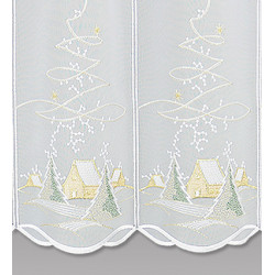 Bestickte Wintergardine Haus im Schnee Plauener Spitze Detailbild