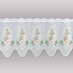 Halbtransparente Bistrogardine aus Plauener Spitze mit Schneemann & Tannenbaum freigestellt,  35 cm hoch