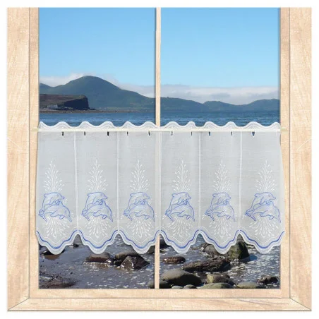 Bestickte Scheibengardine Delfine in blau-weiß 40 cm hoch