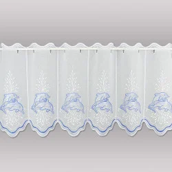 Bestickte Scheibengardine Delfine in blau-weiß 40 cm hoch