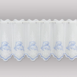 Bestickter Vorhang in Weiss mit blauer Delfin-Bordüre. 40 cm hoch