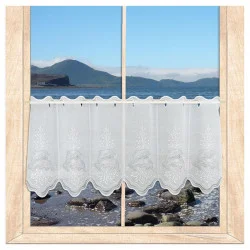 Stickerei-Badgardine Delfine in weiß-silbergrau Plauener Spitze 40 cm hoch