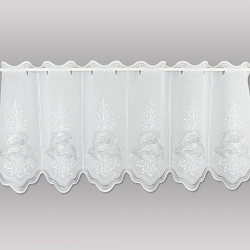 Stickerei-Badgardine in Weiss mit grauer Delfin-Bordüre. 40 cm hoch