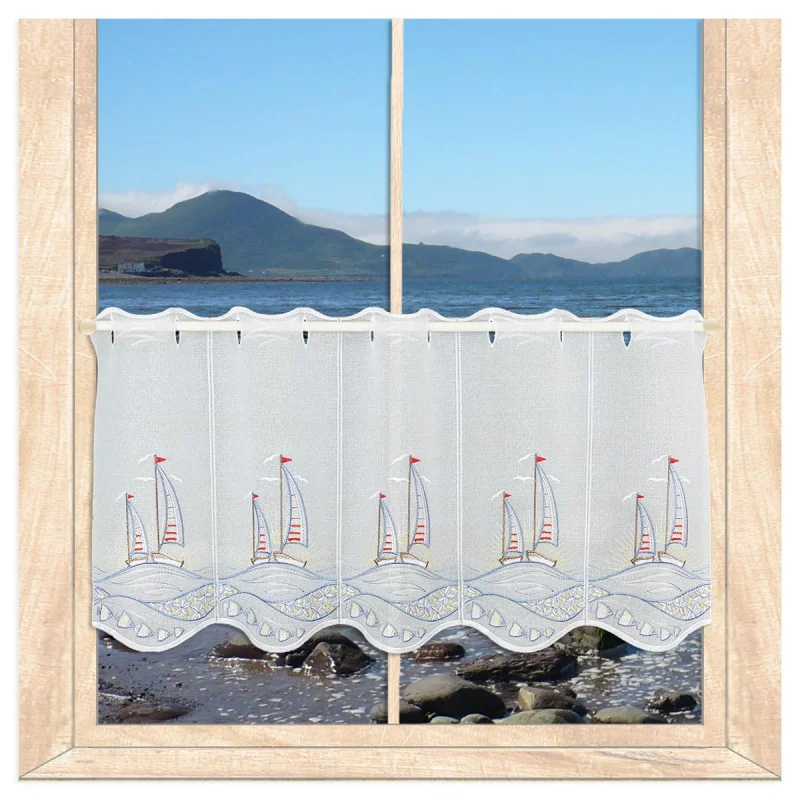 Maritim bestickte Kurzgardine Segelboote im Sonnenuntergang 35 cm hoch