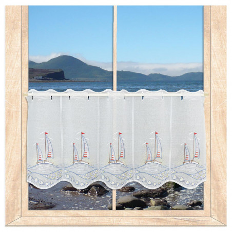 Maritim bestickte Kurzgardine Segelboote im Sonnenuntergang 35 cm hoch