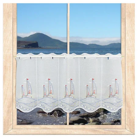 Maritim bestickte Kurzgardine Segelboote im Sonnenuntergang 35 cm hoch