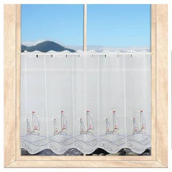 Maritim bestickte Kurzgardine Segelboote im Sonnenuntergang 80 cm hoch