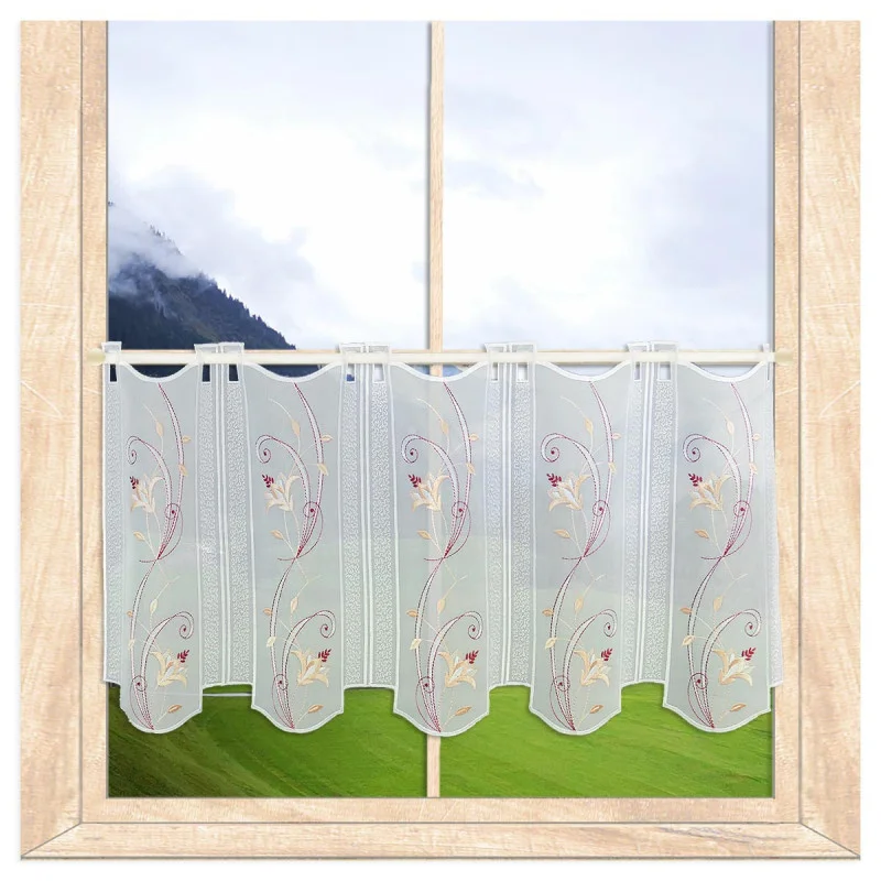 Elegante Kurzgardine Blütenranke in lachs-weinrot 35 cm hoch