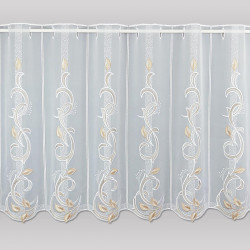 Halbtransparente weiße Scheibengardine aus Voile mit geschwungenem Saum und eleganter Bestickung in Beigetoene. 60 cm hoch