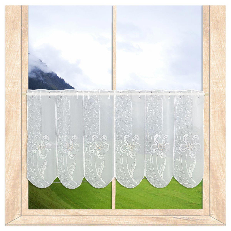 Moderner Stickerei-Kurzstore Flower Plauener Spitze weiß-rosé 40 cm hoch