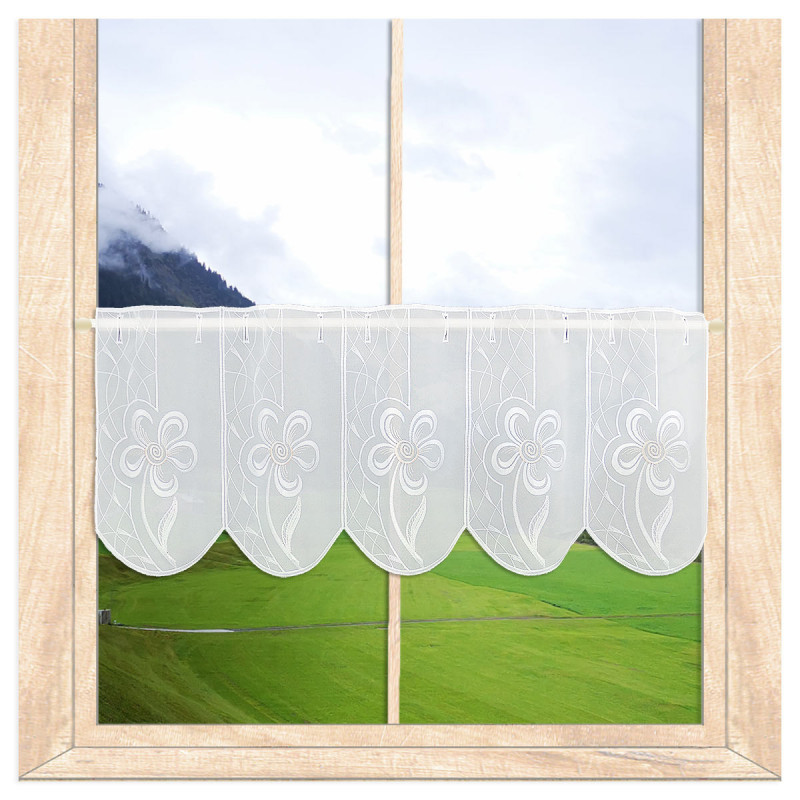 Moderner Stickerei-Kurzstore Flower Plauener Spitze weiß-rosé am Holzfenster, 30 cm hoch