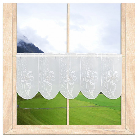 Moderner Stickerei-Kurzstore Flower Plauener Spitze weiß-rosé am Holzfenster, 30 cm hoch