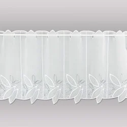 Moderne Plauener Stickerei-Kurzgardine Darlen in weiß-grau 45 cm hoch