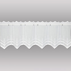 Halbtransparenter weißer Bistrovorhang mit Zick-Zackabschluss und Ösen-Stangendurchzug.  30 cm hoch