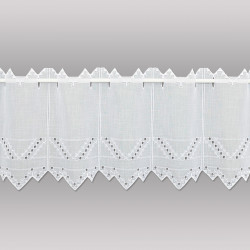 Halbtransparenter Bistrovorhang aus Plauener Spitze in Weiß mit feiner Stickerei für elegante Heimtextilien. 30 cm hoch