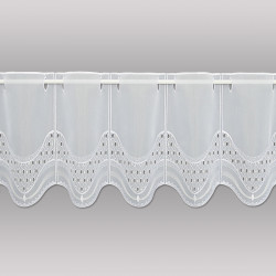 Halbtransparenter weißer Bistrovorhang mit Wellensaum und Ösen-Stangendurchzug. 30 cm hoch