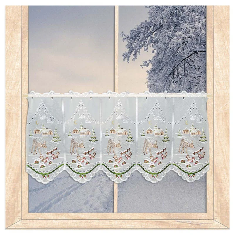 Stickerei-Scheibengardine Winterwald mit Reh 35 cm hoch