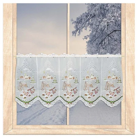 Stickerei-Scheibengardine Winterwald mit Reh 35 cm hoch