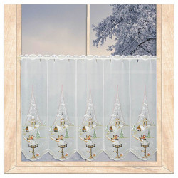 Weisser Stickerei-Vorhang mit Winterkirche, Vogelhaus und goldenen Details. 55 cm hoch