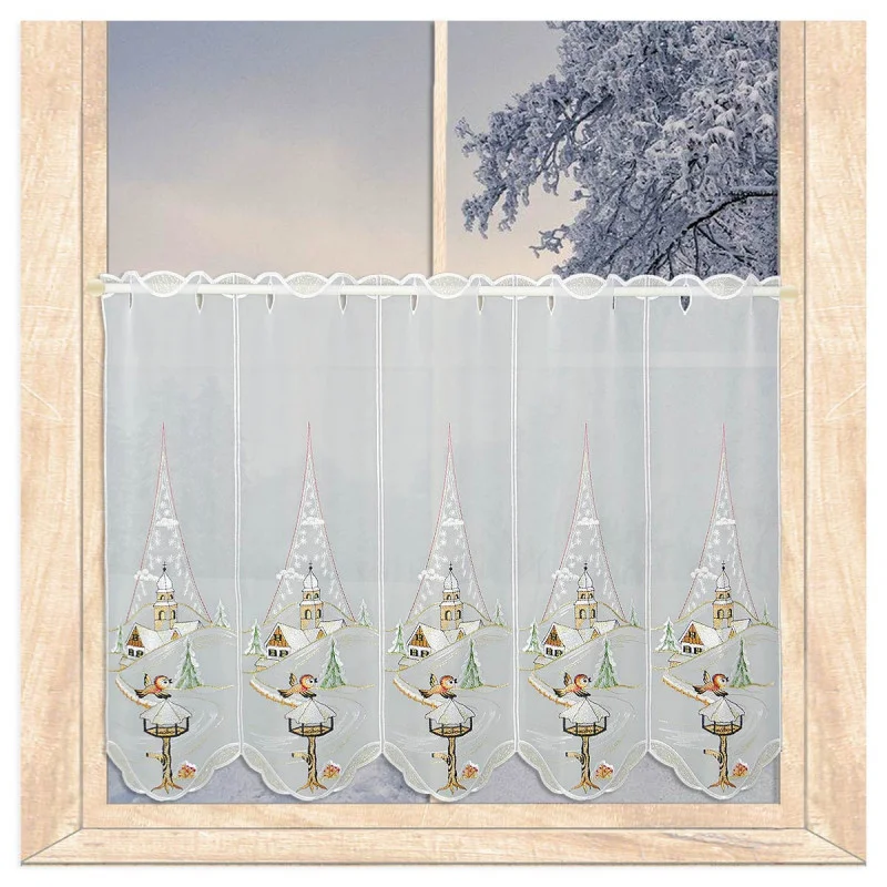 Stickerei-Kurzgardine Winterlandschaft mit Kirche 55 cm hoch