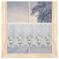 Weisse Plauener Spitze-Scheibengardine mit winterlicher Kirchen-Bestickung am Fenster. 35 cm hoch