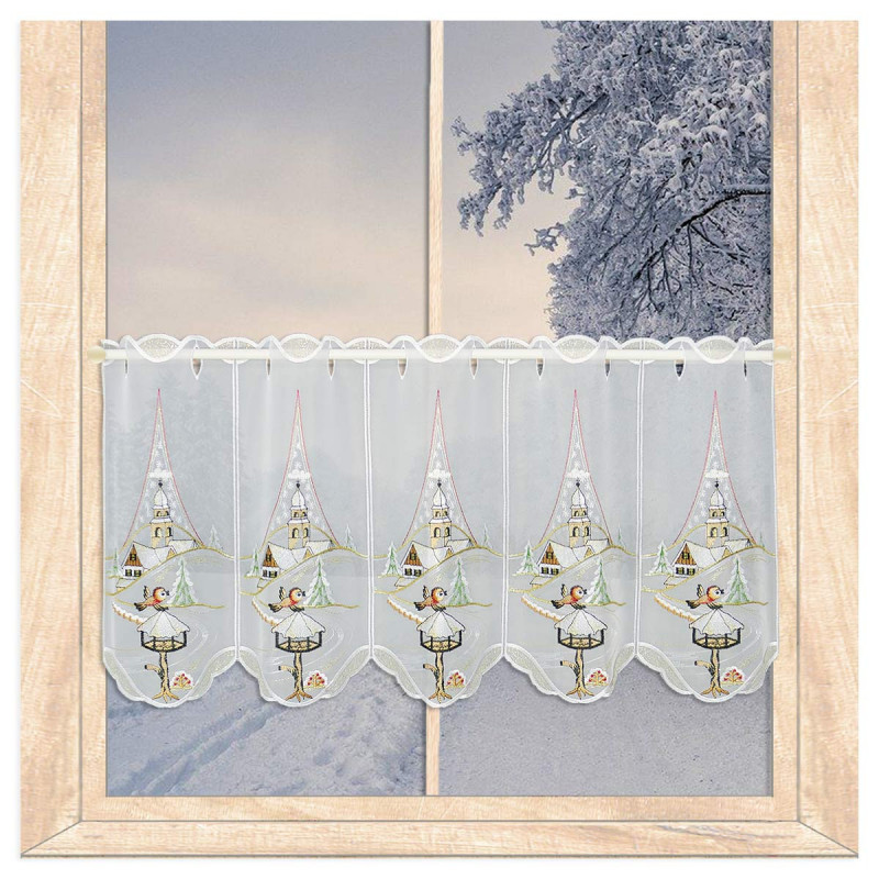 Weisse Plauener Spitze-Scheibengardine mit winterlicher Kirchen-Bestickung am Fenster. 35 cm hoch