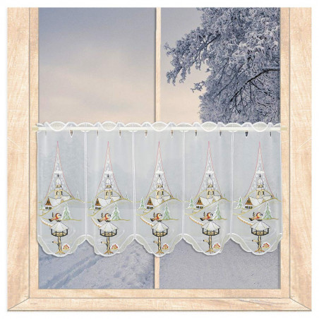Weisse Plauener Spitze-Scheibengardine mit winterlicher Kirchen-Bestickung am Fenster. 35 cm hoch