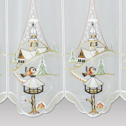 Stickerei-Kurzgardine Winterlandschaft mit Kirche Detailbild