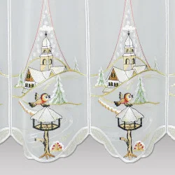 Stickerei-Kurzgardine Winterlandschaft mit Kirche Detailbild