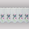 Weiße Scheibengardine aus Voile mit farbiger Kolibri- und Blumenstickerei sowie Bogenkante. 35 cm hoch
