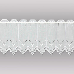 Halbtransparenter Bistrovorhang aus weißem Sablé in Leinenoptik mit filigranem Stickerei-Abschluss. 30 cm hoch