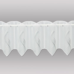 Halbtransparenter weißer Bistrovorhang aus Voile mit silber-grauer Wellenstickerei für Heimtextilien. 30 cm hoch