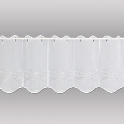 Halbtransparente Bistro-Scheibengardine in Weiss aus feinem Voile mit eleganter Wellen-Stickerei. 30 cm hoch